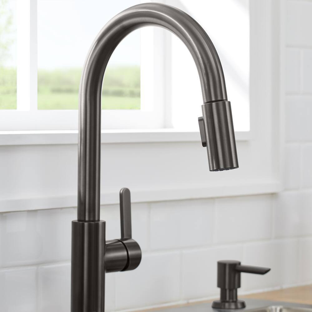 Glacier Bay Paulina Single-Handle Pull-Down Sprayer Kitchen Faucet with TurboSpray FastMount and Soap Dispenser in Black Stainless HD67780-104707F