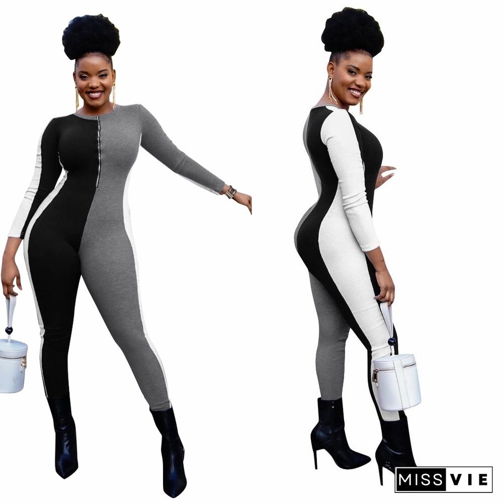 Contrast Color Patchwork Long Sleeve Bodycon Jumpsuit