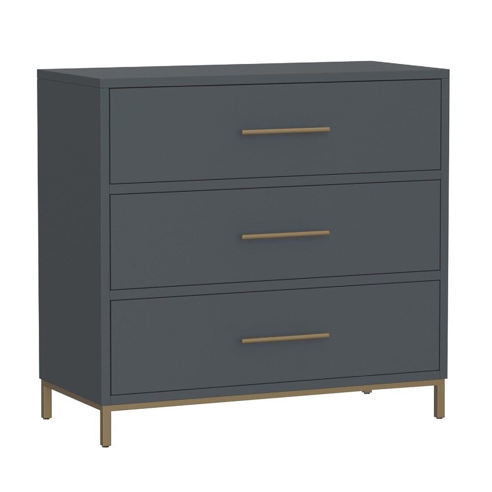 Max 36 Inch 3 Drawer Small Dresser Chest  Brass Metal Frame  Slate Gray