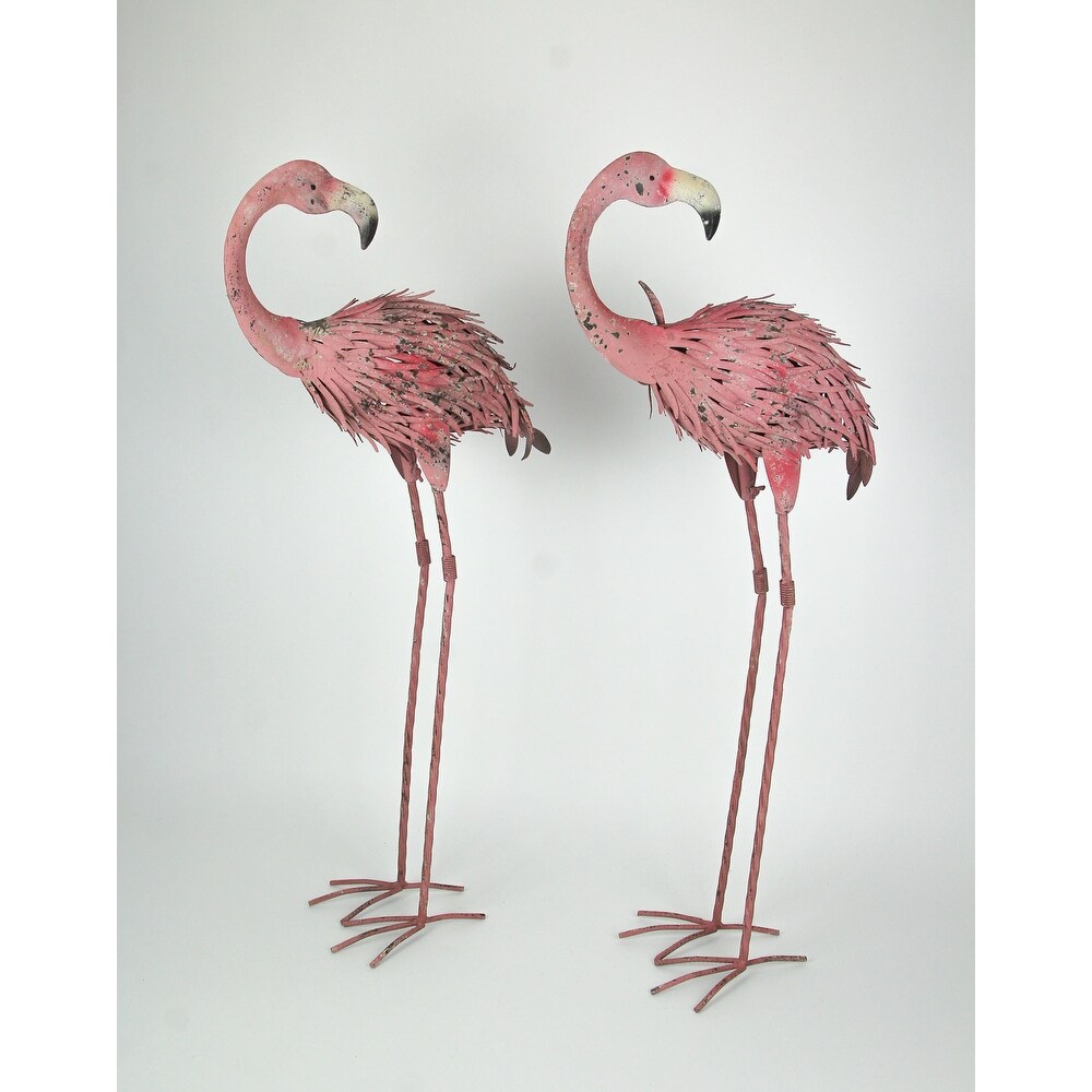 Pair Of 34 Inch Tall Decorative Metal Pink Flamingo Yard Statues   34 X 13 X 8 inches