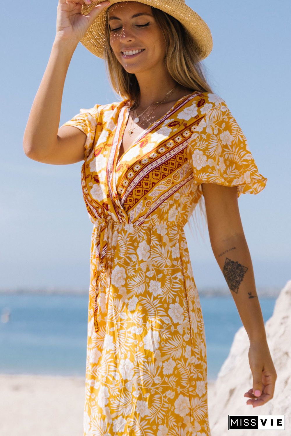 Yellow Floral Wrapped V Neck Tied Ruffled Sleeves Midi Dress