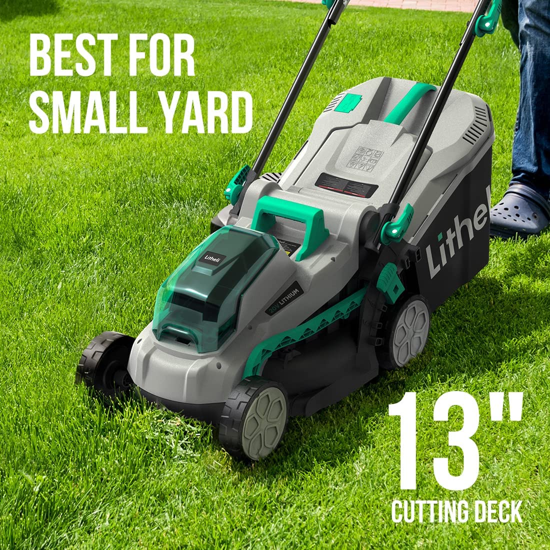 Litheli Cordless Lawn Mower 13 Inch， 5 Heights， 20V Electric Lawn Mowers for Garden， Yard and Farm， with Brushless Motor， 4.0Ah Battery and Charger Included