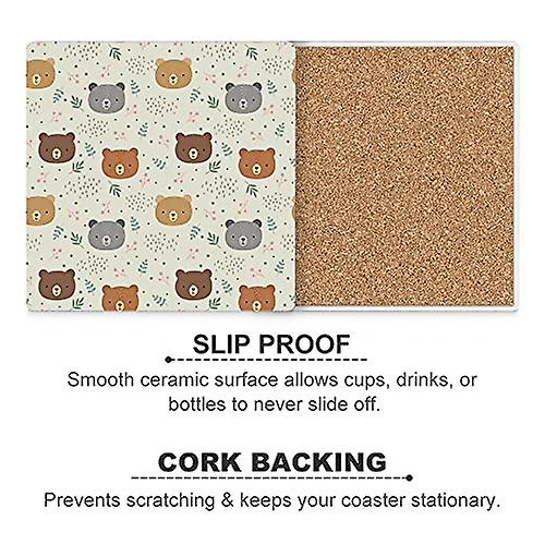 Colourlife Teddy Bear Leaves Printed Square Ceramic Coaster For Drinks With Cork Base For Coffee Cups Place Mats For Home Decor Set Of 6 Pieces