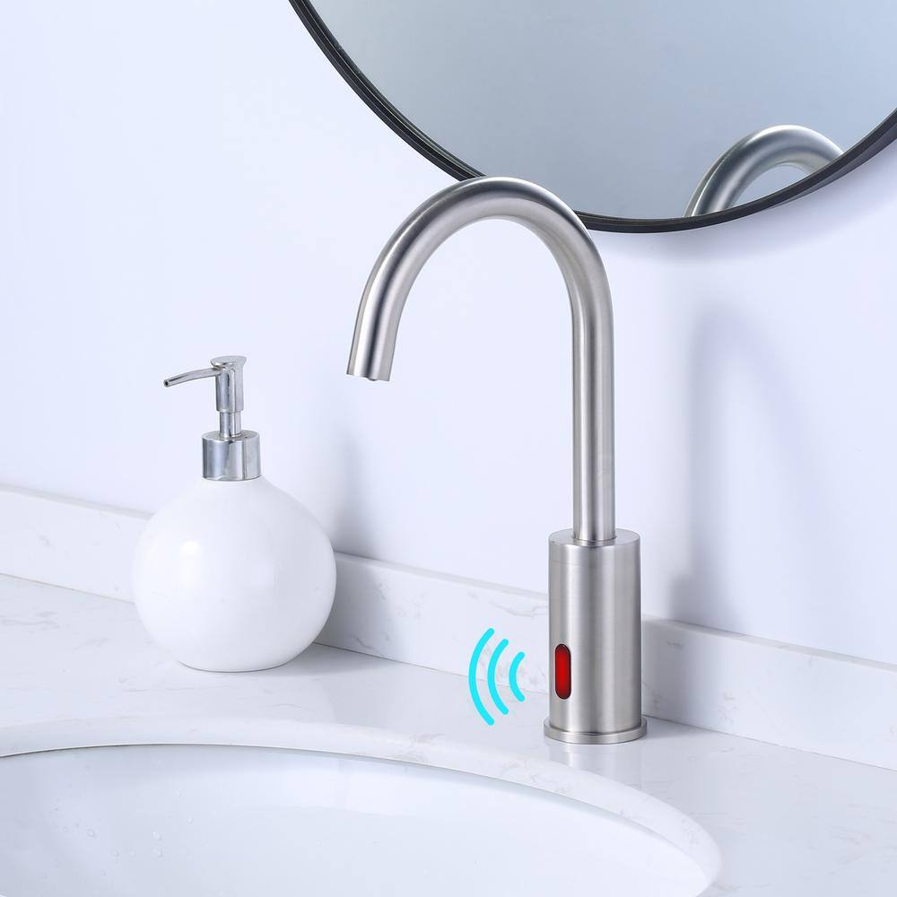 WOWOW Battery-Powered Commercial Touchless Single Hole Bathroom Faucet with Deck Plate in Brushed Nickel 2322301-BHHD