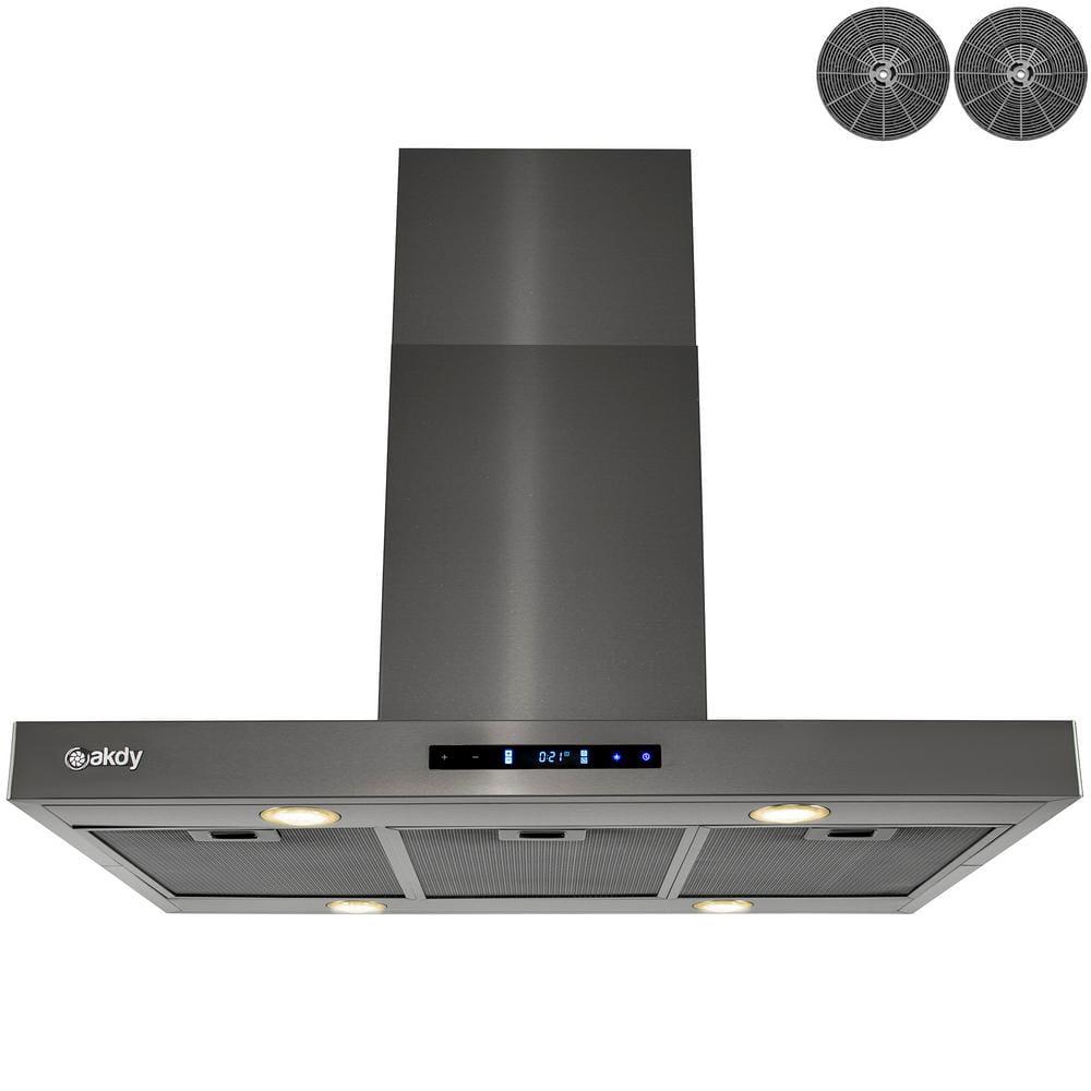 AKDY 36 in 343 CFM Convertible Island Mount Range Hood with Lights and Touch Control in Black Stainless Steel