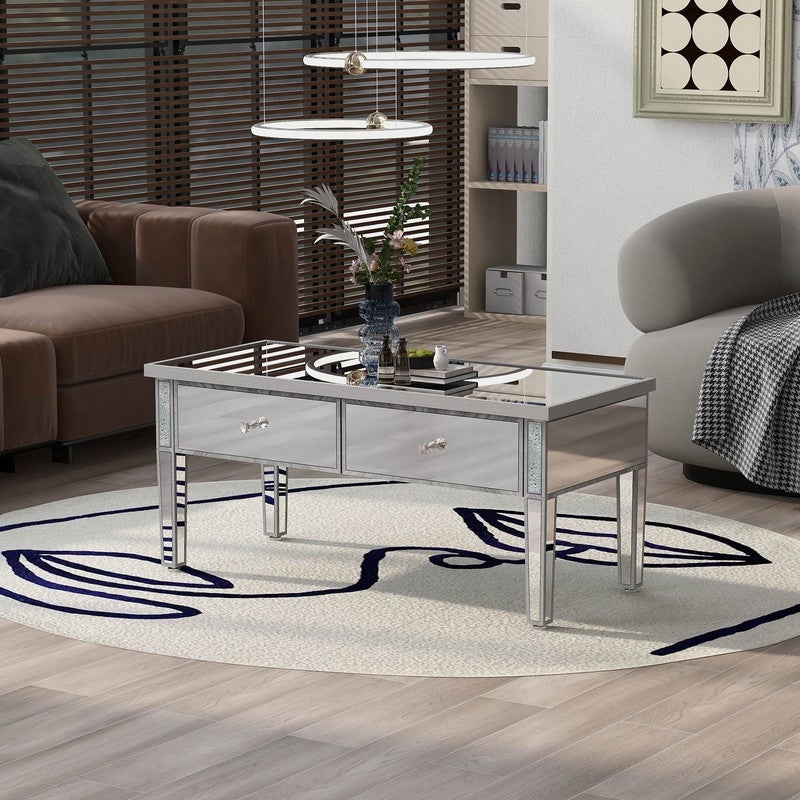 Modern Glass Mirrored Coffee Table with 2 Drawers， Cocktail Table with Crystal Handles and Adjustable Height Legs