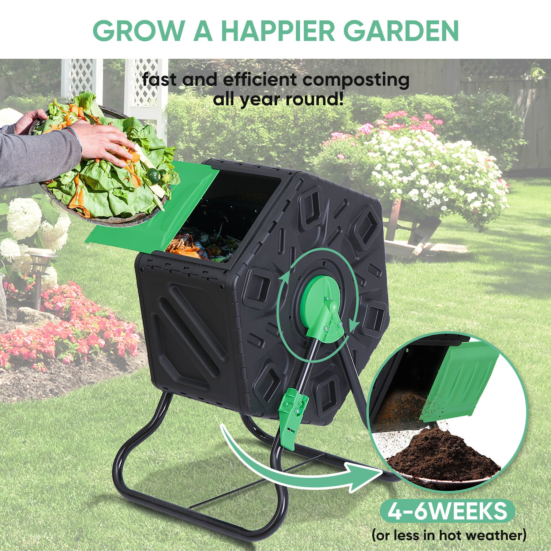 HomGarden 18.5Gal(70L) Outdoor Compost Bin Compact Rotating Tumbler Single Chamber BPA Free PP