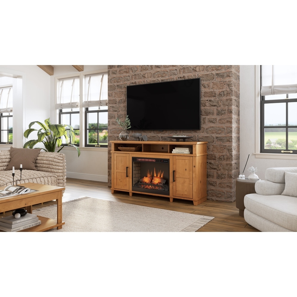 Bridgevine Home 65 in. No Assembly Required Fruitwood Finish Solid Wood TV Stand  Fits TVs up to 75 in.