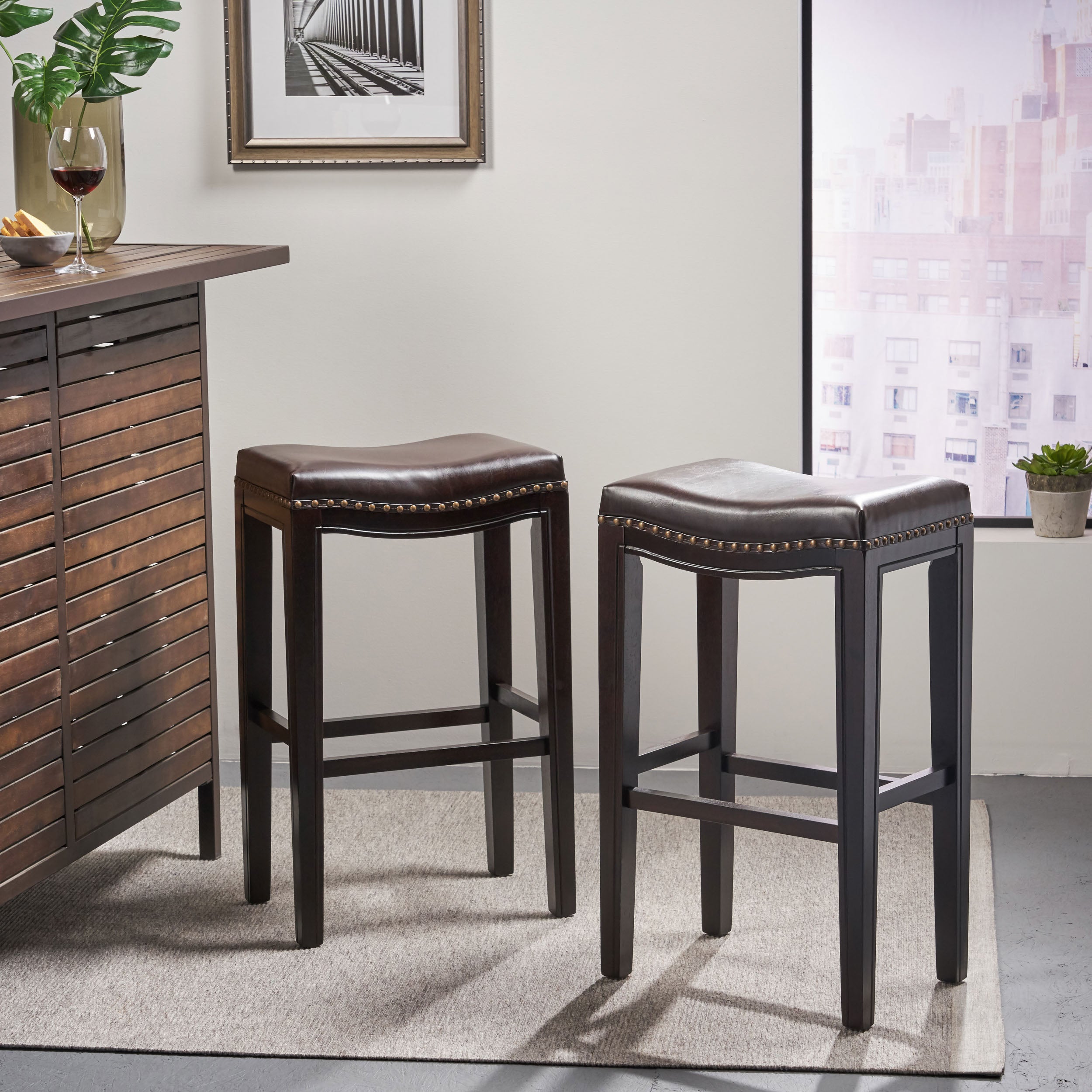 Carlsbad Upholstered Studded Barstool， Set of 2， Brown and Dark Brown