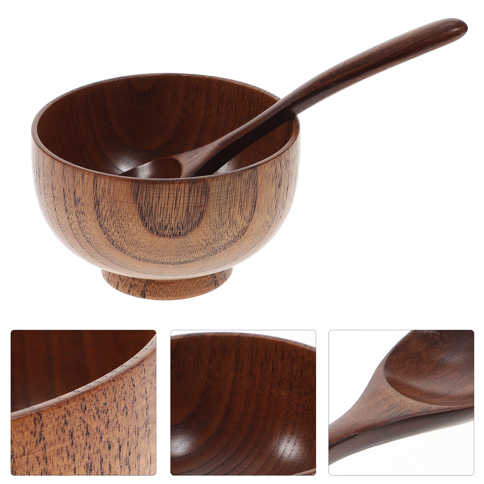 Etereauty 2pcs Bowl and Spoon Set Wooden Rice Bowl Eco-friendly Tableware Food Container for Restaurant Home