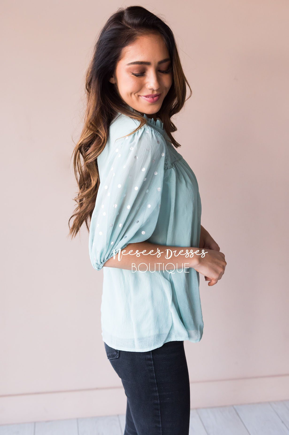 Mint Shimmer Smocked Modest Blouse