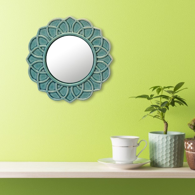 Round Ceramic Floral Wall Hanging Mirror Turquoise Stonebriar Collection