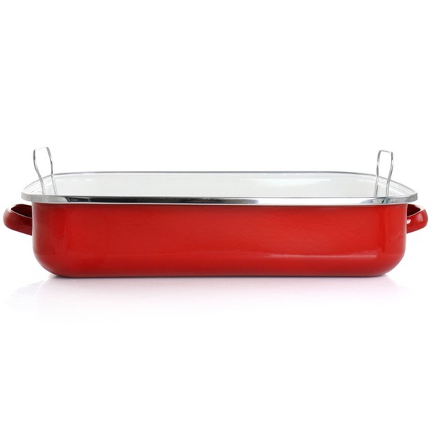 Martha Stewart 18 Inch Enamel On Steel Roasting Pan In Red With Roasting Rack