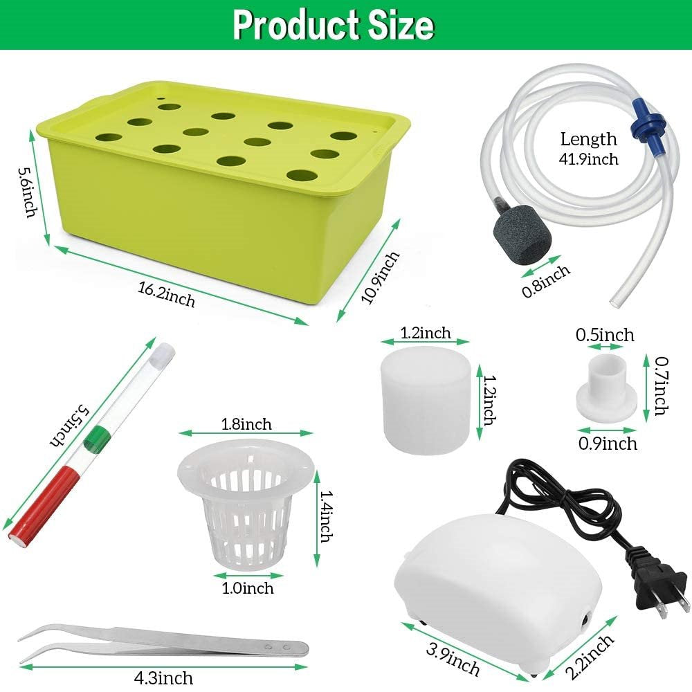 SSAWcasa Hydroponic System Growing Kit，12 Sites Bucket with Air Pump，Bubble Stone and Planting Sponges Household DWC Hydroponic System Growing Kits for Herbs，Lettuce，Vegetabls (Green)