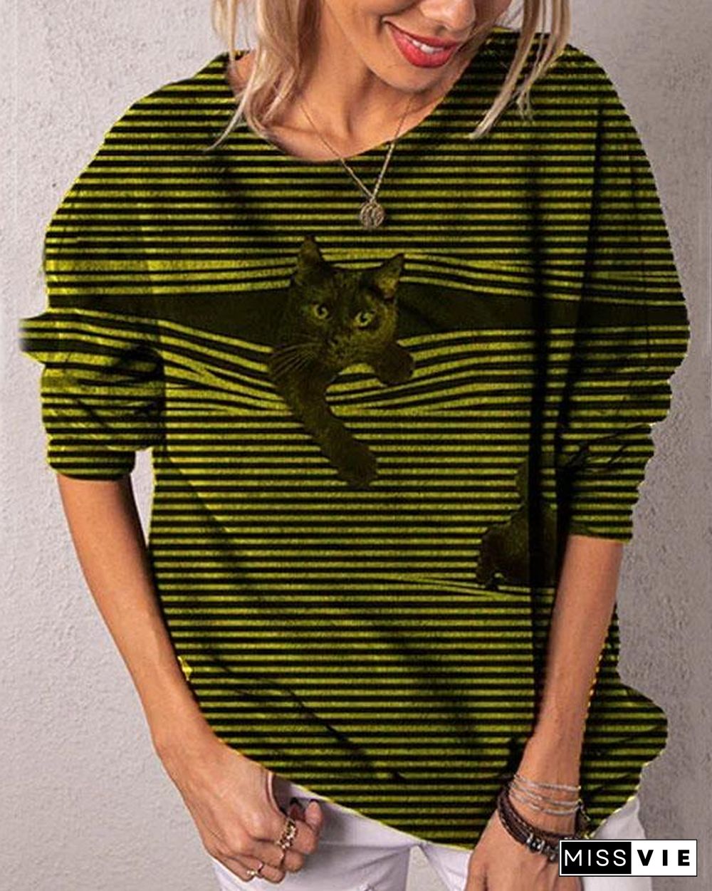 Casual Stripe Black Cat Long Sleeve Pullover T-shirts