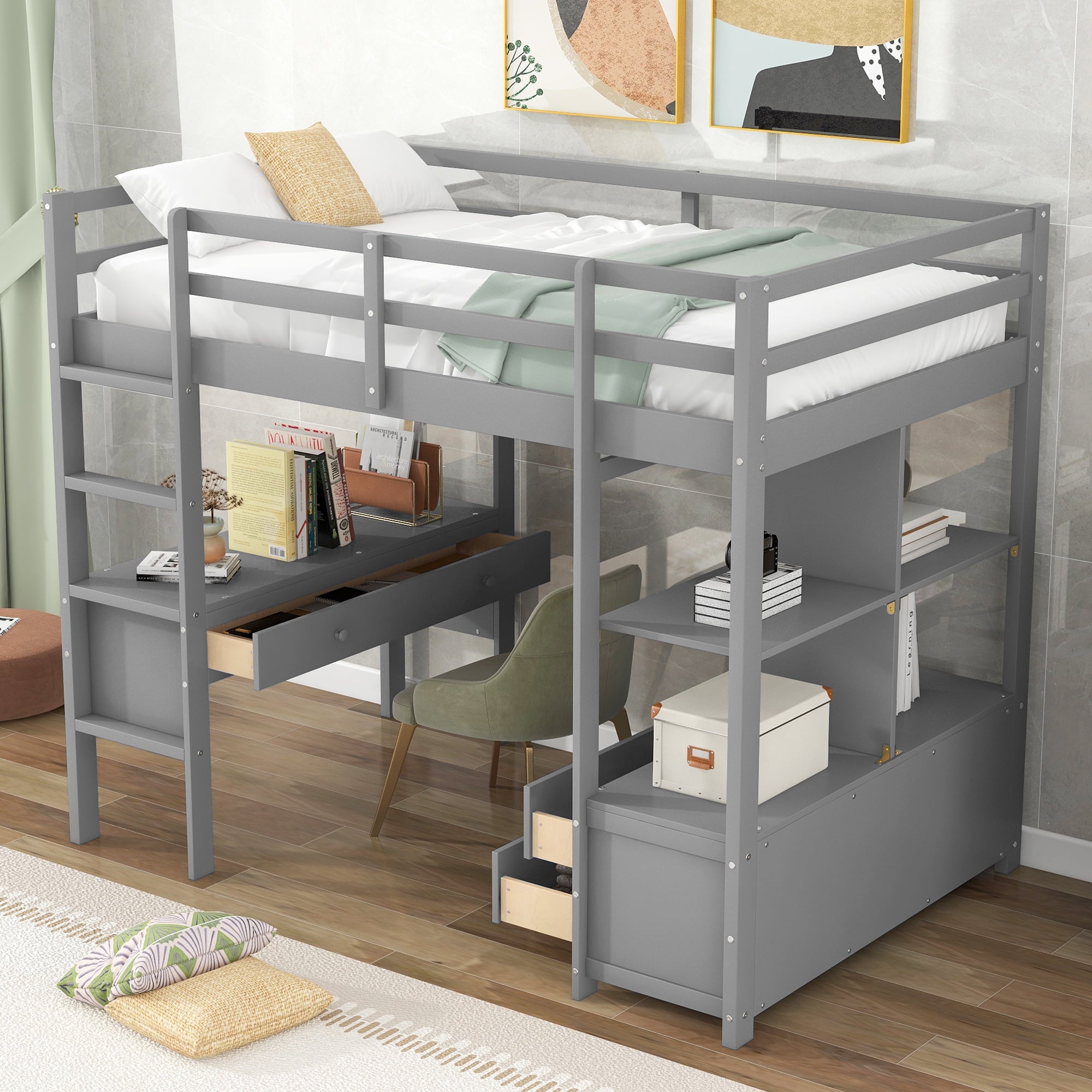 Twin Size Wood Loft Bed with Desk, Drawers and Shelf for Kids Room, Gray