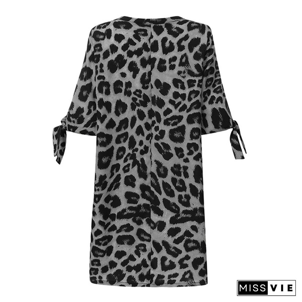 Women Half Sleeve Mini Dress Leopard Print Kaftan Round Neck Casual Loose T Shirt Dress Plus Size