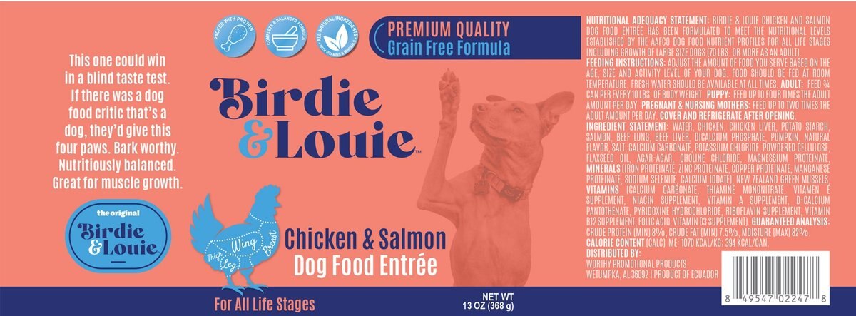 Birdie and Louie Chicken and Salmon Flavored Canned Pate Dog Food， 13-oz， case of 12