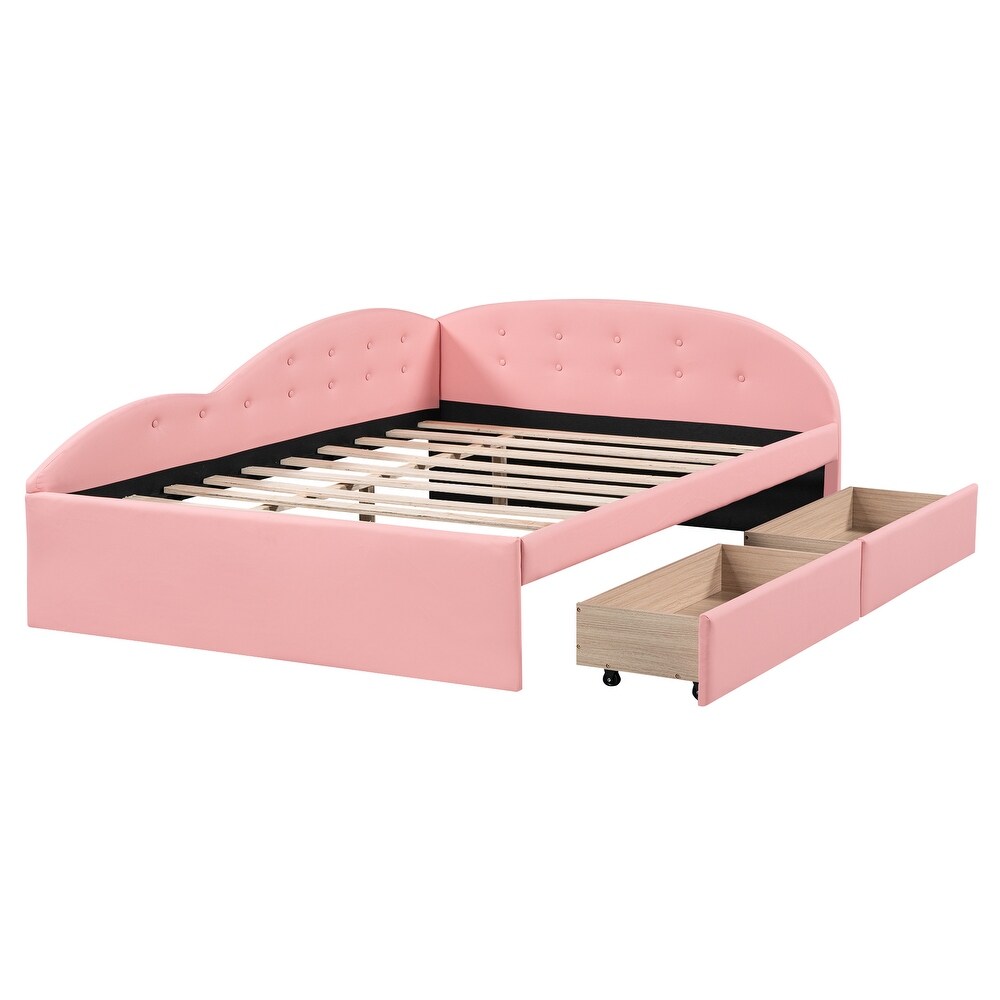 Pink Full Size PU Upholstered Tufted Daybed Wood Platform Bed Frame