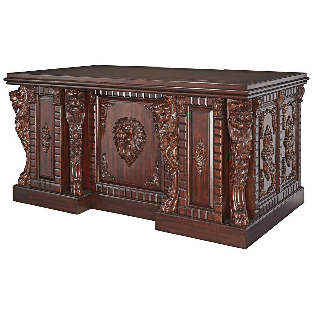 Design Toscano Lord Raffles Lion 63 in. Rectangular Mahogany Brown 5-Drawer Executive Desk AF57224