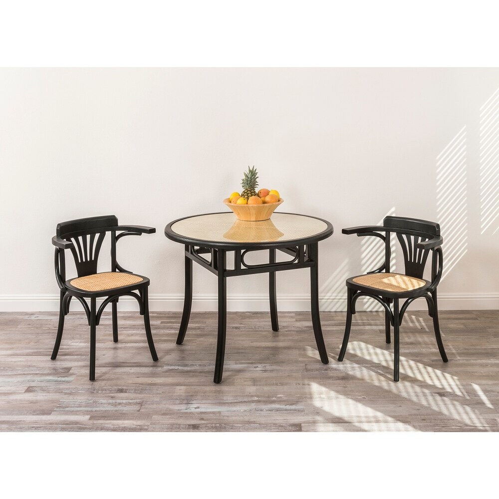 Adna Dining Table in Black with Clear Tempered Glass Top over Cane in Natural