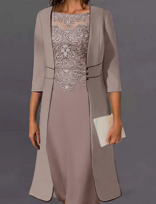 Women's Dress Set Two Piece Dress Midi Dress Light Brown 3/4 Length Sleeve Floral Embroidered Layered Fall Winter Crew Neck Modern Mature 2022 S M L XL XXL 3XL