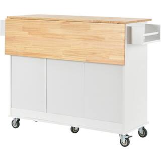 tunuo White Rolling Kitchen Island Cart with Rubber Wood Drop-Leaf Countertop (52 in. W) SFWF-287035W