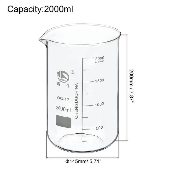 2000ml Low Form Glass Beaker， 3.3 Borosilicate Lab Measuring Cups - Clear