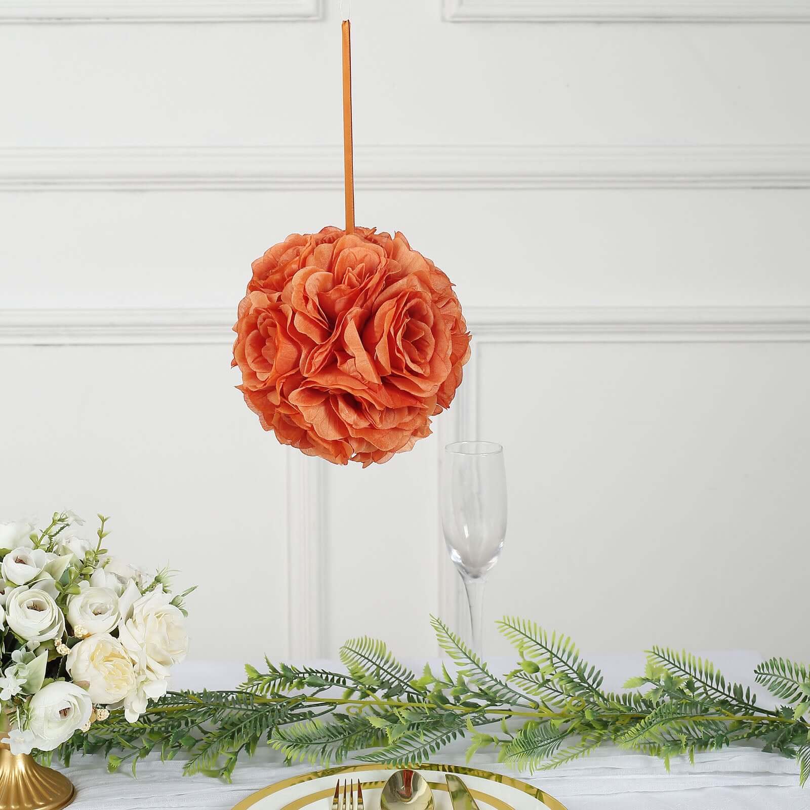 2 Pack Terracotta (Rust) Artificial Silk Rose Kissing Ball, Faux Flower Ball 7