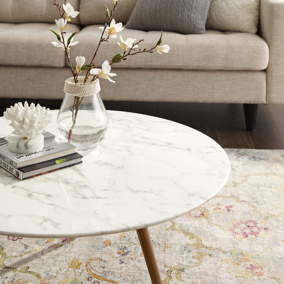 Modern Round Coffee Table  Artificial Marble Stone Metal  White Natural Walnut   Midcentury   Coffee Tables   by House Bound  Houzz