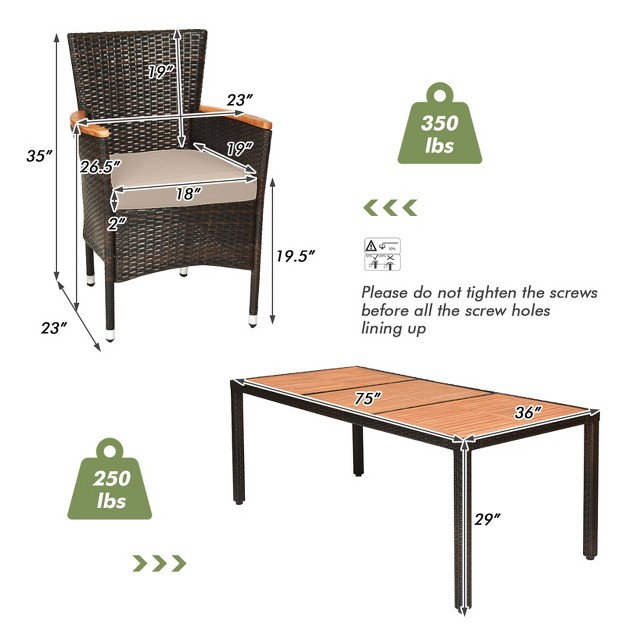 Costway 9pcs Patio Rattan Dining Set 8 Chairs Cushioned Acacia Table Top