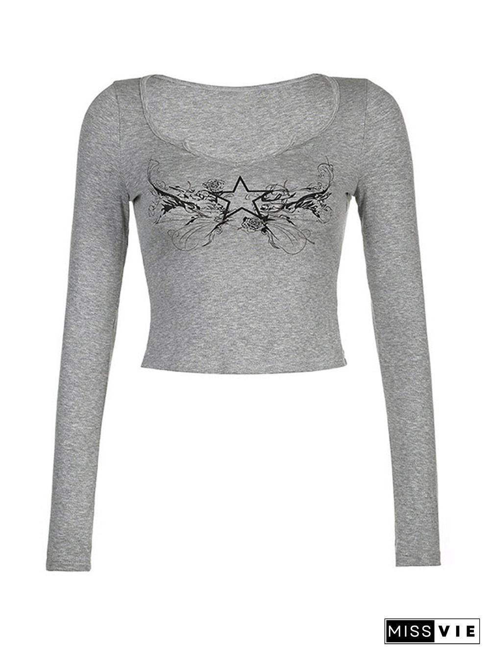 Vintage Star Print Low Cut Cropped Long Sleeve Tee