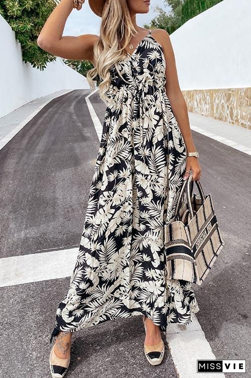 Summer Leaf Print Suspender Maxi Dress