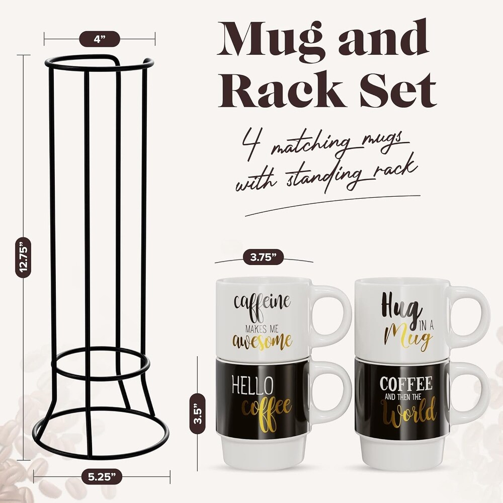 Coffee World Text Ceramic 4 Mug Set with Stackable Metal Rack