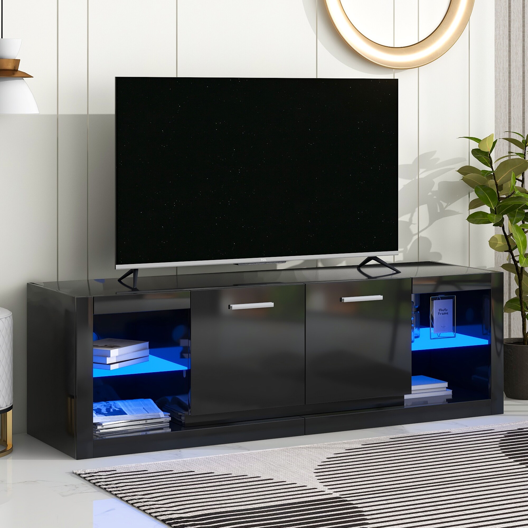 TV Cabinet with LED Lights and Tempered Glass Shelves - Modern Entertainment Center for up to 70