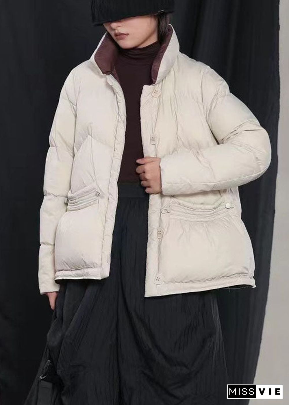 Luxury Beige Pockets Button Cinched Winter Duck Down Coat