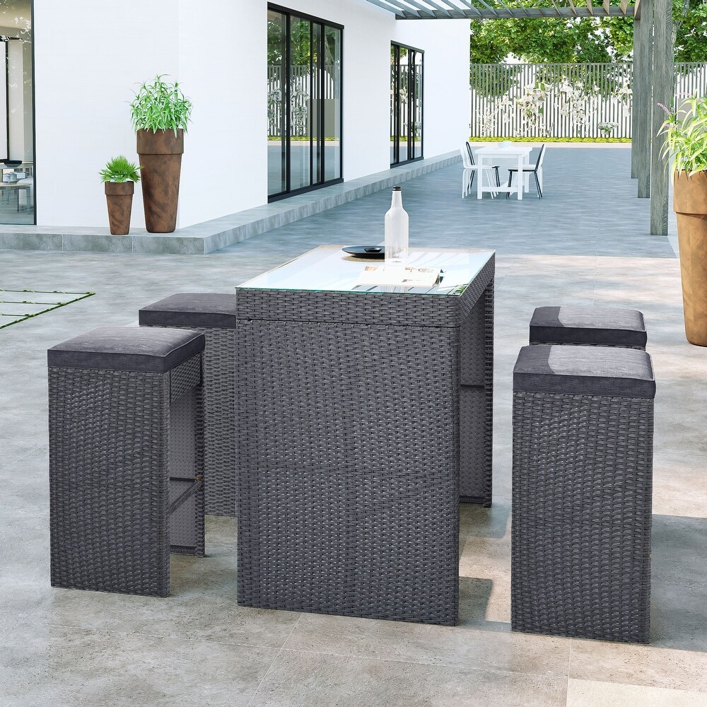 5 piece Rattan Outdoor Patio Furniture Set Bar Dining Table Set with 4 Stools