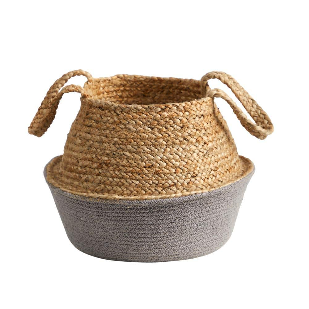 Nearly Natural 14 in. Gray Boho Chic Handmade Cotton and Jute Woven Basket Planter 0827-S1