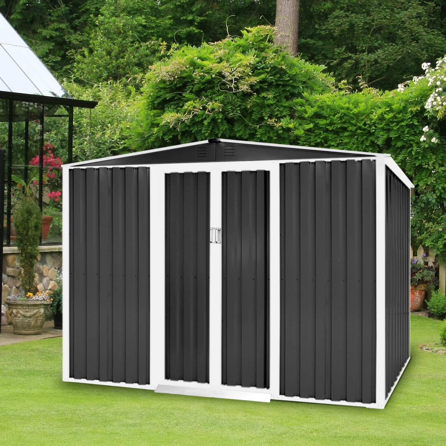 SOLAURA 8'x6' Outdoor Metal Storage Shed Backyard Garden Tool Vented Storage Shed with Sliding Door - Gray