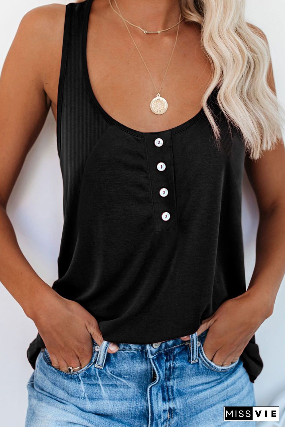 Black Button Loose Tank Top