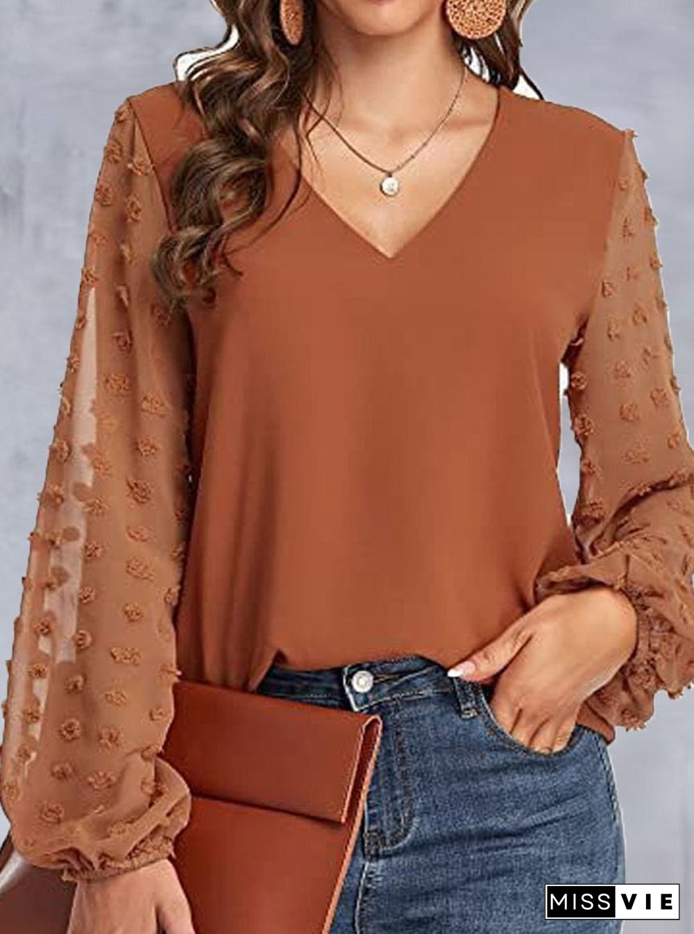 V-neck Paneled Casual Long-sleeve Blouse