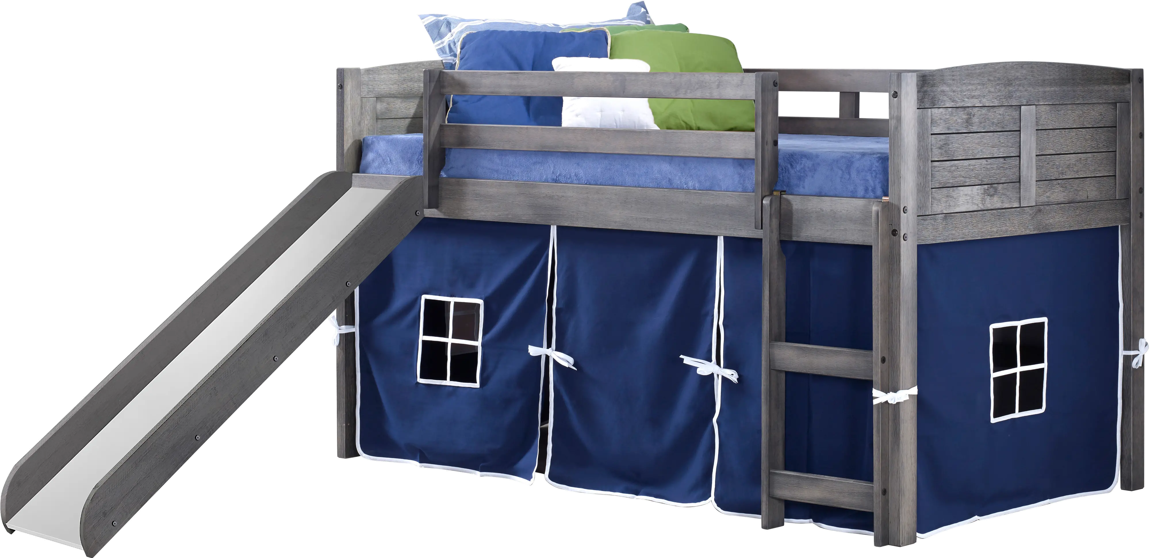 Louver Antique Gray Twin Loft Bed with Blue Tent and Slide