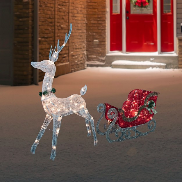 Lighted White Reindeer With Sleigh Christmas Decoration