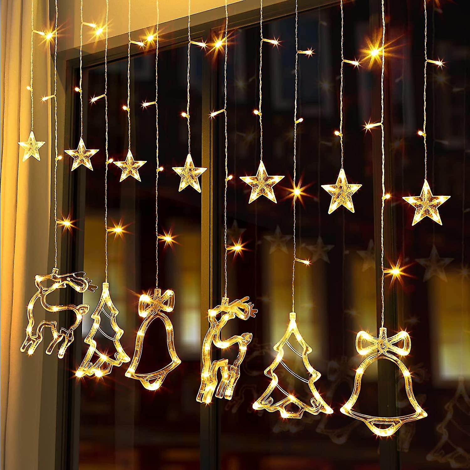 Curtain Fairy Lights， 138 Led Star Curtain String Lights With Christmas Tree Reindeer Bells 8 Flash Modes Plug-in Indoor Outdoor Decor Lightning Chris