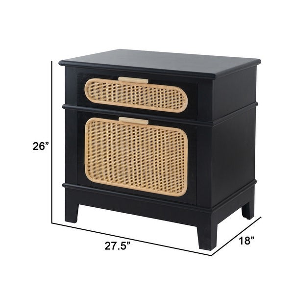 Dana 27 Inch Bedside Table， 2 Rattan Drawers， Pine Wood， Black， Brown