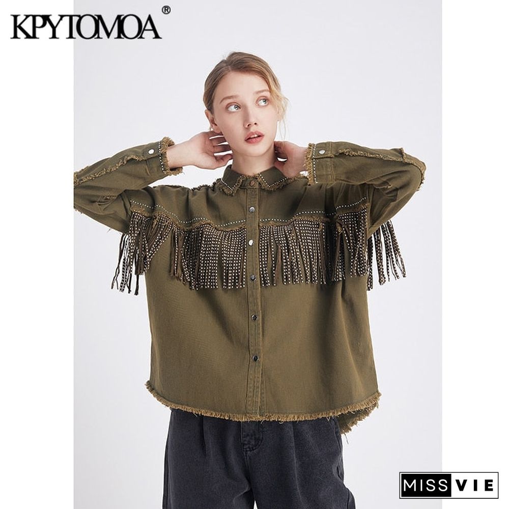 Vintage Stylish Fringe Beaded Loose Denim Jacket Coat Women Fashion Long Sleeve Frayed Trim Ladies Outerwear Chaqueta Mujer