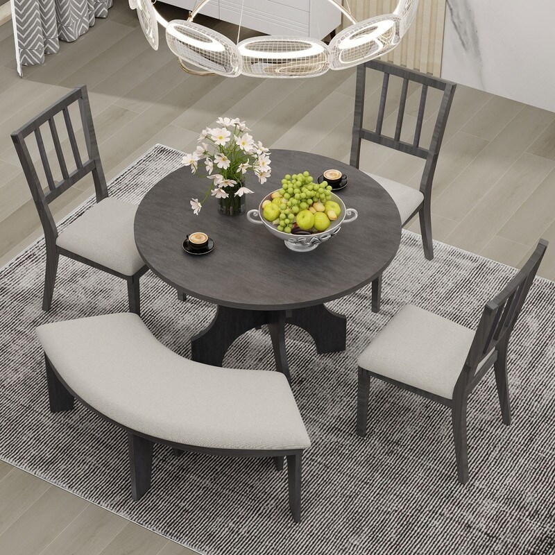 5 Piece Dining Table Set  Round Dining Table with Curved Bench   Side Chairs for Dining Room and Kitchen