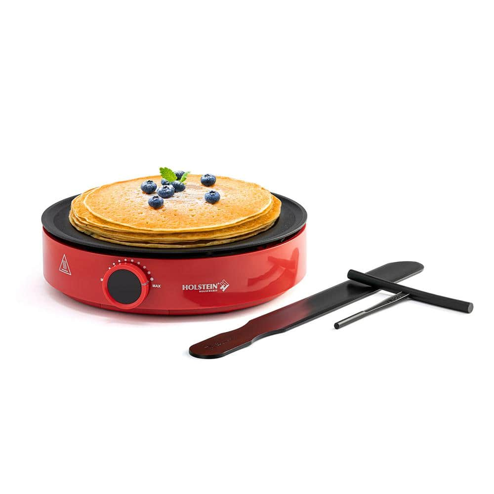 HOLSTEIN HOUSEWARES 12 in. Non-Stick Smokeless Electric Griddle Crepe Maker, Red HH-09217002R