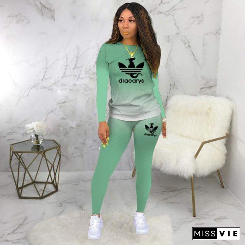 Two Piece Set Women Tracksuit Casual Cotton Gradient Print Long Sleeve Pullover T-shirts Top and Pants Sweatsuit Outfits