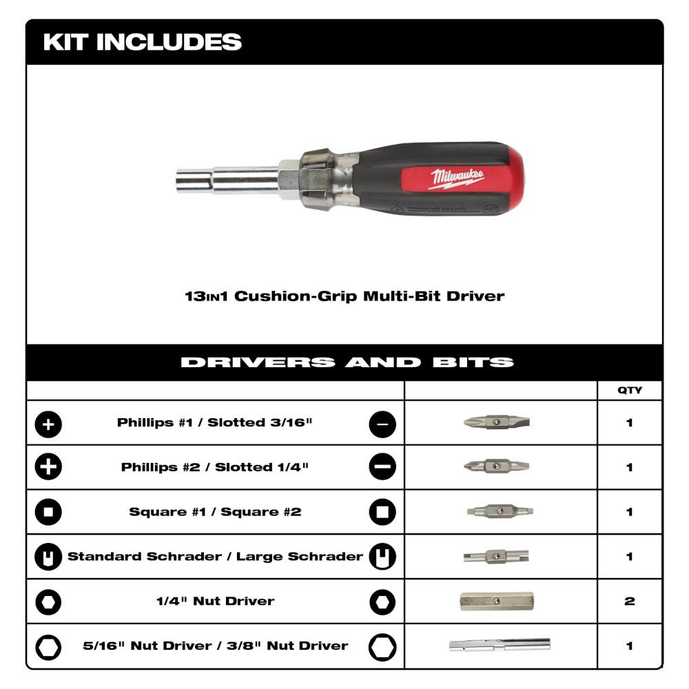 13-in-1 Cushion Grip Screwdriver with Schrader Bit ;